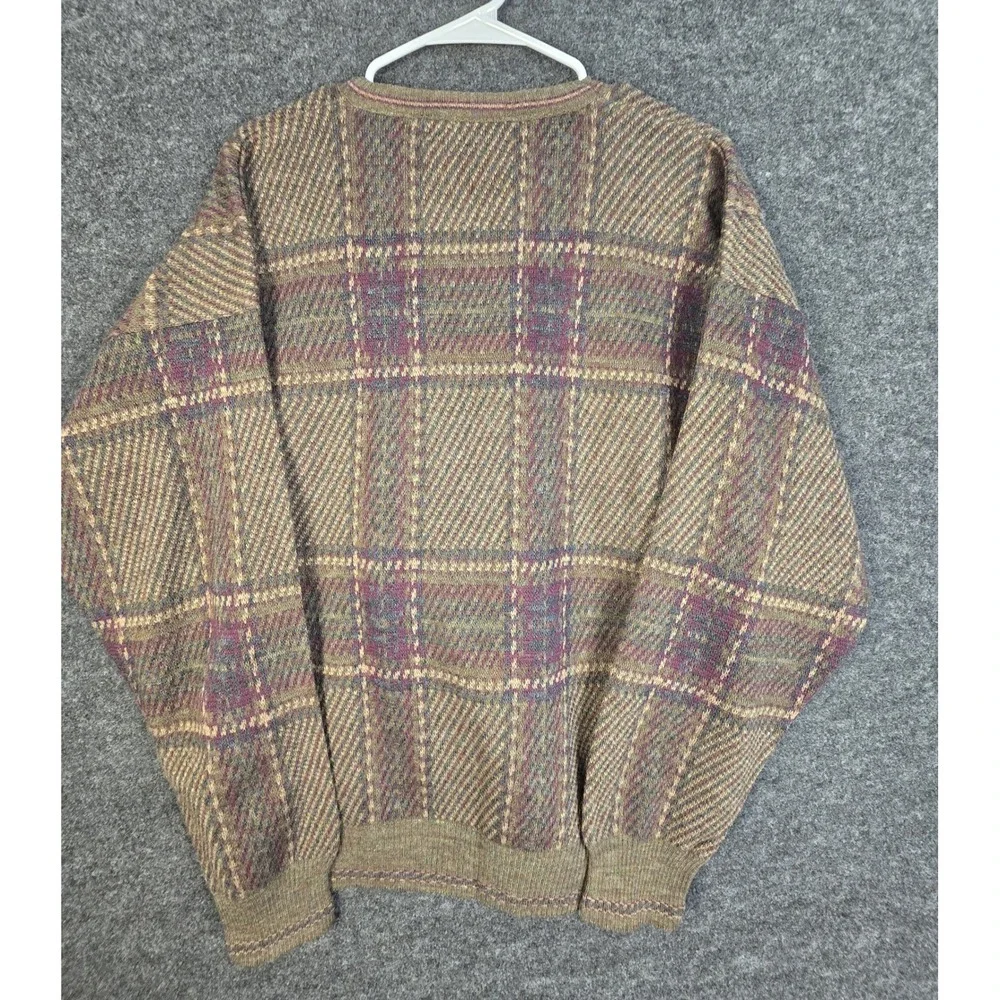 Vintage John Ashford Mens Plaid Wool Blend Grandpa Sweater Size L Crew Neck